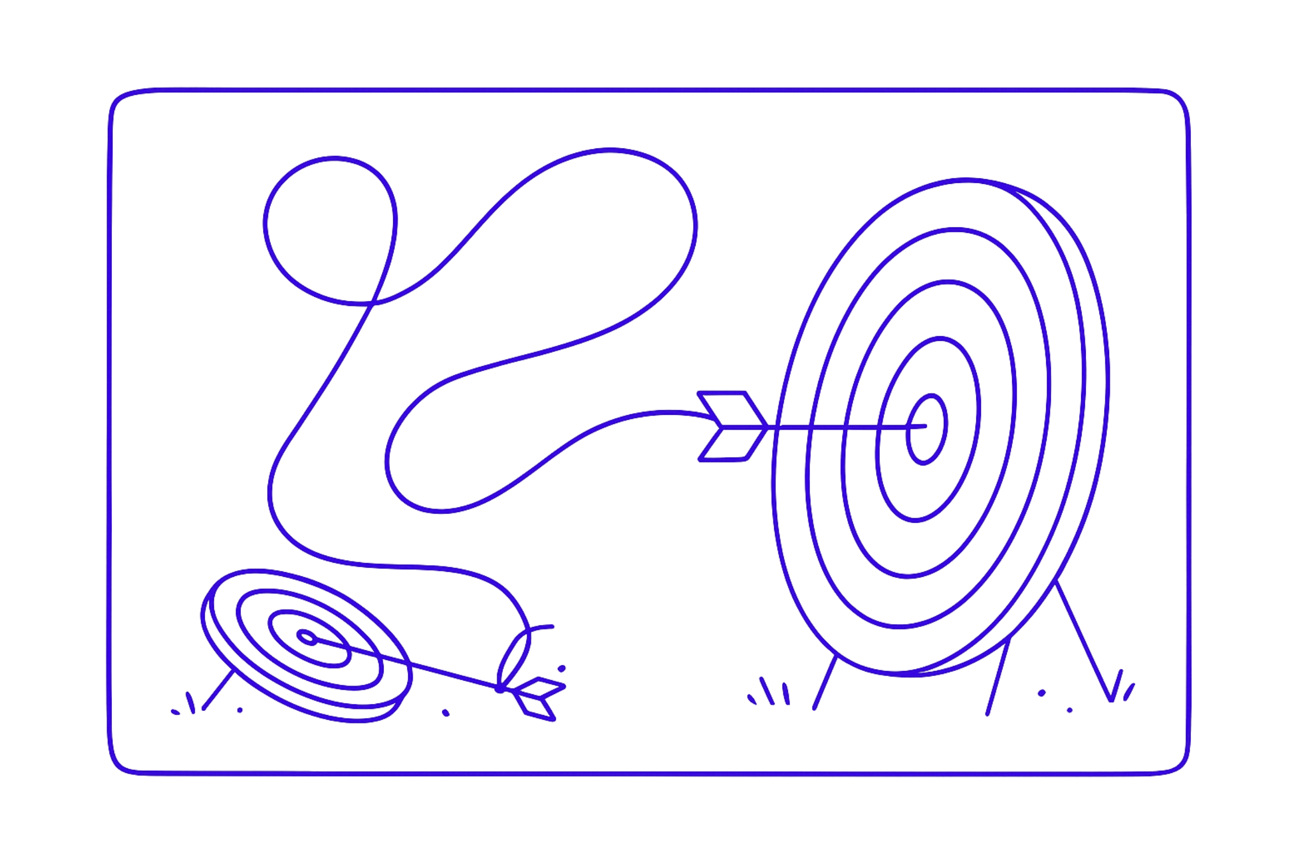 Ilustración lineal en color azul de una flecha unida por una cuerda a dos dianas: una pequeña en el suelo y otra grande al fondo, simbolizando el éxito alcanzado demasiado pronto.