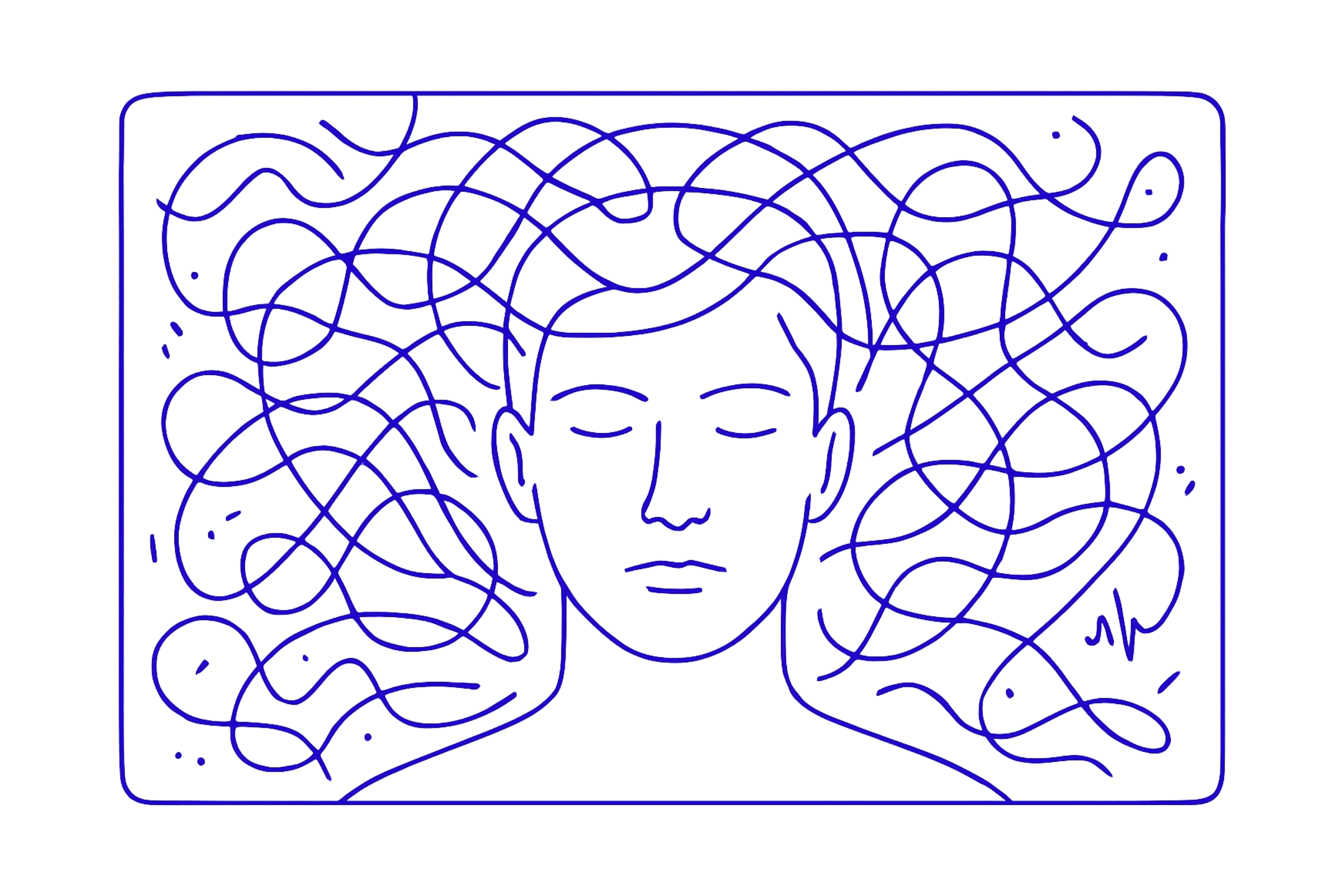 Ilustración minimalista en líneas azules de un rostro humano con los ojos cerrados, del que emergen líneas onduladas que simbolizan ruido e interferencias mentales, sobre fondo blanco.