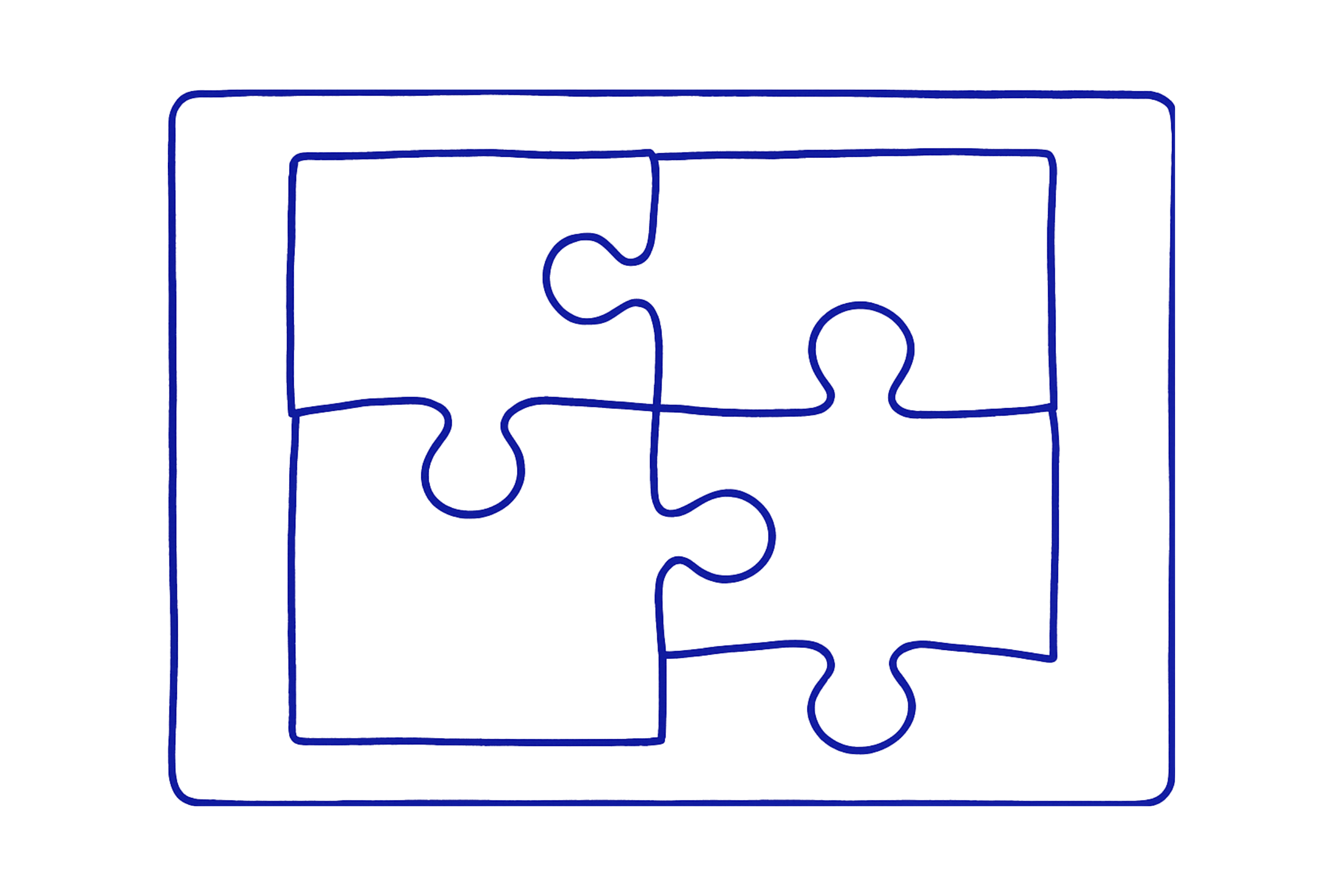 Ilustración minimalista en trazo azul de cuatro piezas de puzzle que parecen encajar pero dejan pequeños huecos entre ellas, simbolizando la Ilusión del acuerdo.