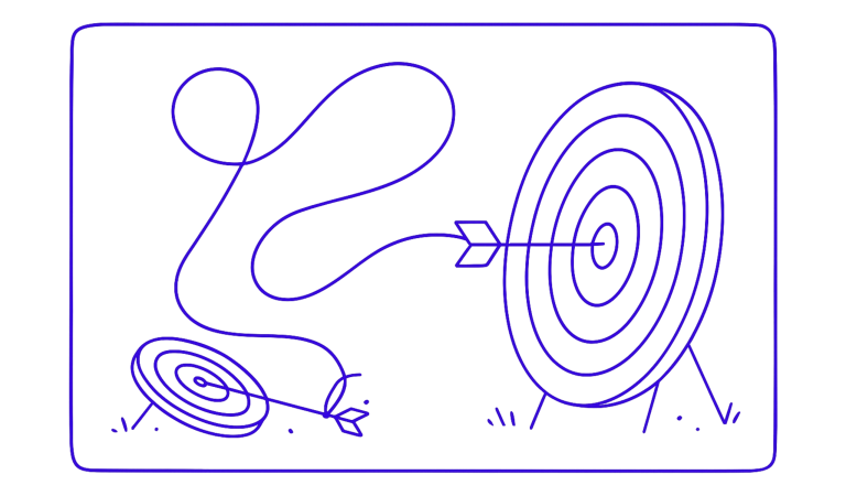 Ilustración lineal en color azul de una flecha unida por una cuerda a dos dianas: una pequeña en el suelo y otra grande al fondo, simbolizando el éxito alcanzado demasiado pronto.