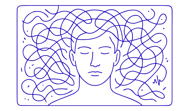 Ilustración minimalista en líneas azules de un rostro humano con los ojos cerrados, del que emergen líneas onduladas que simbolizan ruido e interferencias mentales, sobre fondo blanco.