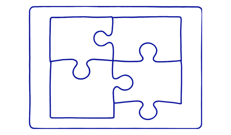 Ilustración minimalista en trazo azul de cuatro piezas de puzzle que parecen encajar pero dejan pequeños huecos entre ellas, simbolizando la Ilusión del acuerdo.