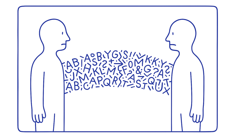 Ilustración minimalista en trazo azul de dos figuras humanas unidas por un puente de letras y símbolos con grietas, que representan la fragilidad de la comunicación.